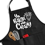 PopKoh Funny Baking Apron for Women Men with 3 Pockets - Cute Apron Cooking Gifts for Bakers, Friends, Mom, Daughter, Wife, Girlfriend, Sister, Chef, Birthday - Adjustable Large 1 Size Fits All 100% Cotton - Ya Bakin' Me Crazy