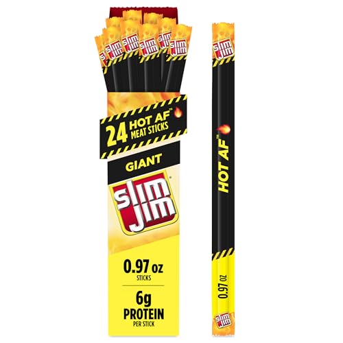 Slim Jim Giant Smoked Meat Sticks, Hot AF Flavor, 6g Protein Per Stick, Father's Day Snack Gift for Dad, 0.97 oz. (24 Count)