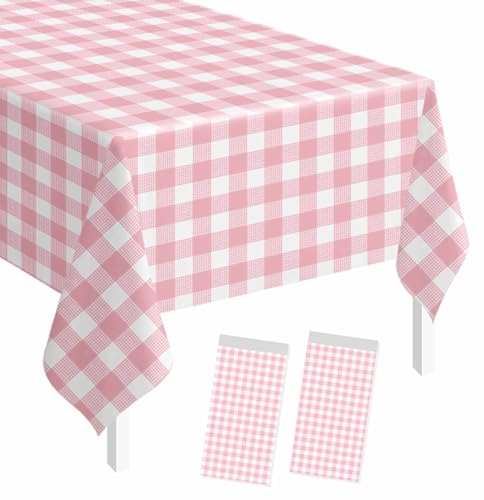 Image of SietDESEO 2 Pack Light Pink Gingham Tablecloth Rectangle 54 x 108 Pink and White Checkered Table Cloth Disposable Plaid Table Cover Plastic for Birthday Baby Shower Picnic Wedding Party Supplies