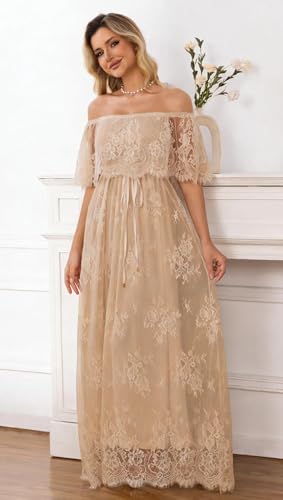 Image of HOYISHION Women's Off The Shoulder Floral Lace Maxi Dress White Bridesmaid Wedding Party Maternity Photoshoot Long Dresses
