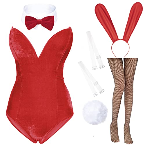 AiMiNa Anime Womens Bunny Girl Costume One Piece Bodysuit Halloween Cosplay Catsuit Bunny Headband Stockings Set(Red XL)