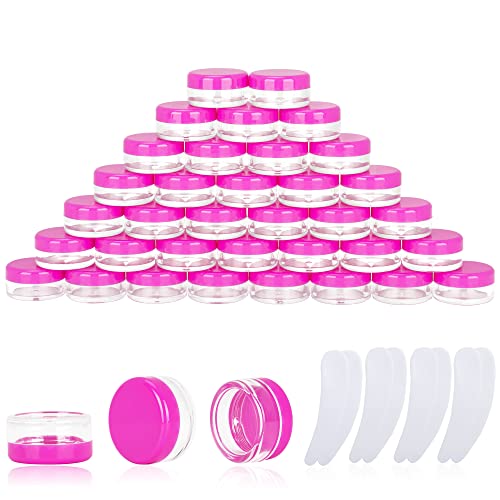 100PCS 3 Gram Sample Containers, 3ml Empty Jars with Lids, Small Cosmetic Containers, Mini Sample Jars with 8PCS Mini Spatulas for Make Up, Oils, Lotion, Powder, Paint, Jewelry, Lip Balms(Pink Lid)