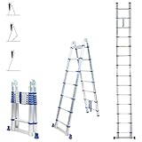 Aluminium Teleskopleiter 4,4 m (2,2 + 2,2), gelenkig und faltbar, Ultraleicht, kompakt, Max. Belastung 150kg, Arbeitshöhe bis 5,3m, 5 Jahre Garantie