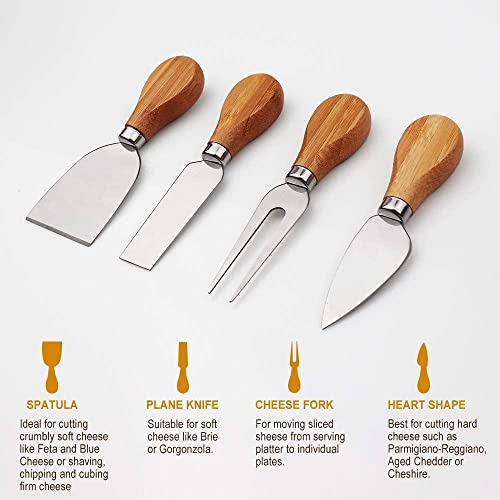 Bamboo Cheese Board Set Charcuterie Platter Serving Meat Board Including 4 Stainless Steel Knife and Serving Utensils for Christmas Wedding Birthday Anniversary