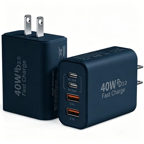 Image of USB C Wall Fast Charger Block, 40W 4-Port Type C Charger Fast Charging Blocks PD Power Charger Adapter+QC 3.0 USB Multiport Charger Brick for Phone 17 /16 /15 /14 /13 /12 Pro Max, Pad, GalaxyS25-Navy Blue