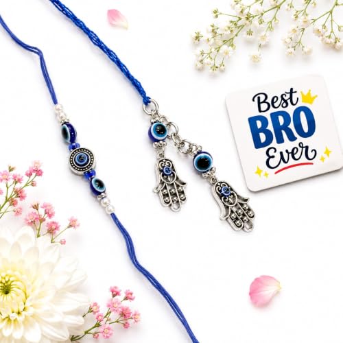 Image of eCraftIndia Set of 2 Purple Floral & Pearl Designer Rakhis with Roli Chawal Pack and Best Bro Ever Fridge Magnet