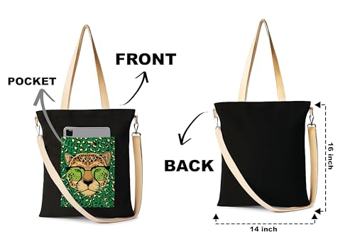 Image of ZORI Black Sling Tote Bag With Pocket and with Beige Straps, Tote Bags For Women large capacity,Tote bag For Shopping, College, Travel, More Canvas Handbag For Unisex