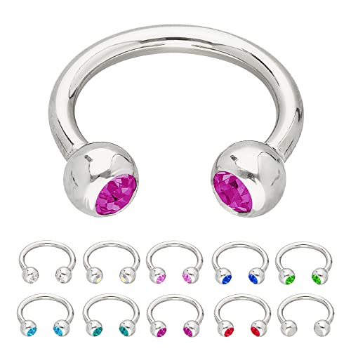 Treuheld® | Silbernes HUFEISEN Piercing Ring mit Kristallen - [08.] 1.2 x 6 mm (Kugeln: 2.5mm) - fuchsia