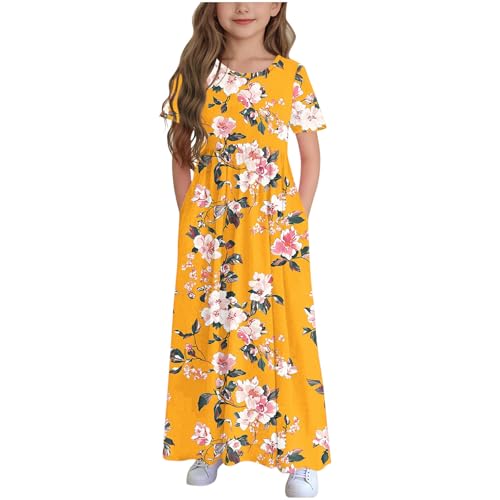 Zeiayuas Girls Short Sleeves Dresses Kids Summer Cotton Party Dress Plain A-Line Maxi Dresses with Pockets Crew Neck Casual Loose Dress Holiday Beach Long Sundress for Girl 4-14 Years