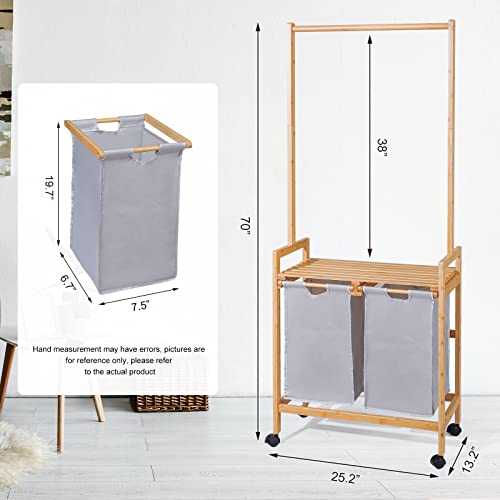 Homde Laundry Basket,Bamboo Laundry Sorter Cart Rolling With Clothes Hanging Rod, 2 Section Laundry Hamper With Wheels, Removable Sliding Bags, Utility Laundry Storage Organizer For Bathroom #TOP1