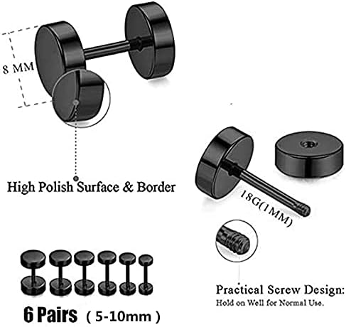 KOMUNJ Stainless Steel Earrings Set for Women Men Hypoallergenic Studs Piercing, Black, 6 works, 5-10mm, 5 mm, 6 mm, 7 mm - Image 4