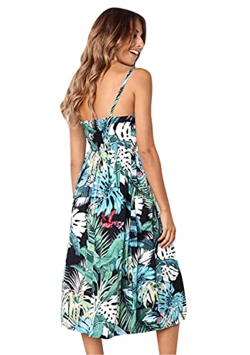 Image of YMING Womens Summer Spaghetti Strap Dresses Button Down Floral Sundress High Waist Swing Midi Dress with Pockets