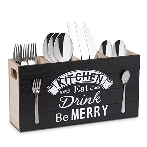 JUJOYBD Cutlery Holder Caddy, Kitchen Utensil Holder in Rustic Wood for Farmhouse Kitchen Decor, Flatware Organizer Cutlery Drainer, 4 Compartments with Handle for Forks, Knives, Spoons, Black