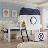 Wyibwy Letto a castello 90x200cm, letto a mezza altezza, letto per bambini con tetto e finestra, cassetto inferiore con rotelle, pratica scaletta inclinata a due gradini, pino + MDF + compensato