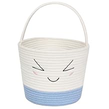 MEGASKET Easter Basket for Kids, Woven Empty Easter Bunny Egg Basket with Handle for Girls, Boys, Toddlers, Babies, Cute Embroidered Facial Design, Empty Gift Bin, Woven Kids Toy Storage Box, Blue