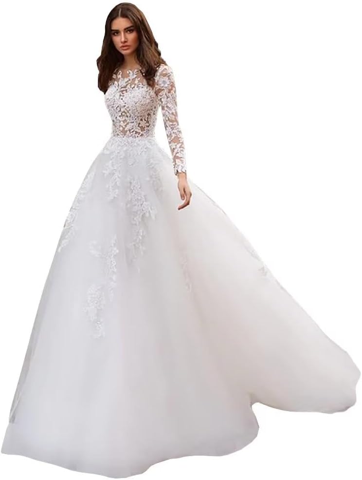 Long Sleeve Boho Bridal Dresses Lace Appliques Wedding Dress with Train for Women 2026 Tulle Beach DR0001 DR