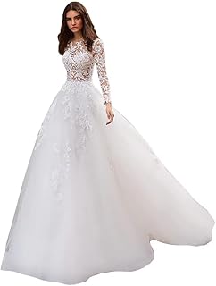 Boat Neck Wedding Dresses with Long Sleeve for Women Bridal Dress Lace Appliques Wedding Gowns DR0001-15