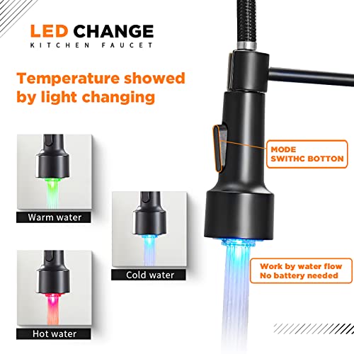 Black Kitchen Faucet With Pull Down Sprayer For Sink Single Hole Deck Mount Spring Faucets With Led Light Stainless Steelllaves Para Fregaderos De Cocina #TOP1
