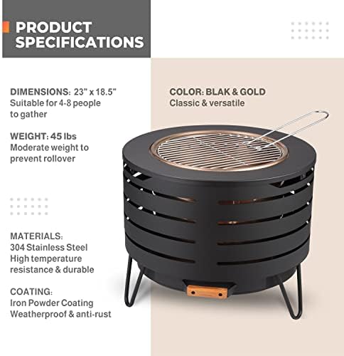 FIROW Bonfire Portable Fire Pit58cm Stainless Steel Heavy-Duty Low Smoke Fire Pit for Wood BurningPerfect for Camping or Backyard DeckIncludes StandPokerCloth Cover and Grill