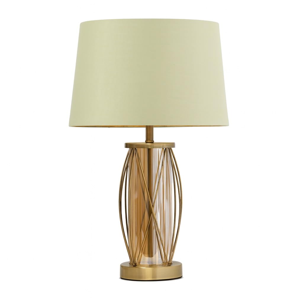 Lighting Supermarket Ashleigh Antique Brass Amber Glass Cylinder Lantern Table Lamp with Sage Green Shade