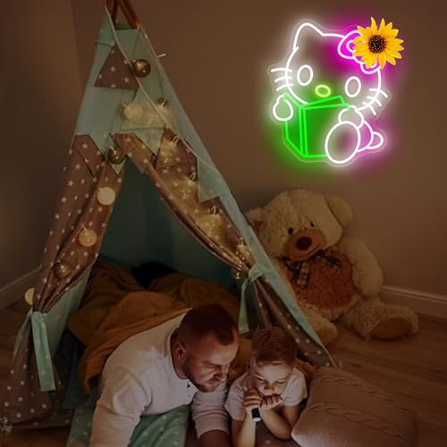Image of Reading Hello Kit Neon Sign Kitty Kawaii Cat Anime Neon Sign Kitty Room Decor Lights for Girl's Room Child Bedroom Birthday Halloween Christmas Gift 10.87''x12.99''