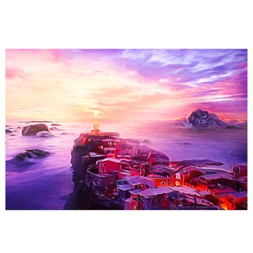 Toile imprimée coucher de soleil éclatant sur la côte avec maison rouge 55x75cm