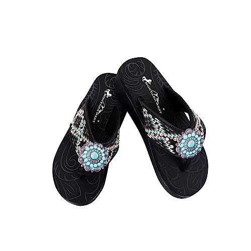 Montana West Sandals Women's Flip Flops Platform Western Embroidered Crystal Studded Comfort Wedge Sandalss Black Sef03-S096Bk-7 #TOP6