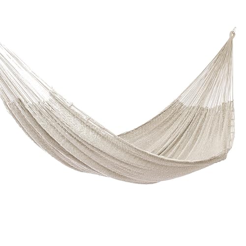 NOVICA Natural Beige Off White Hand Woven Cotton Mayan 1 Person Rope Hammock with Hanging Accessories, 'Caribbean Beach' (Single)