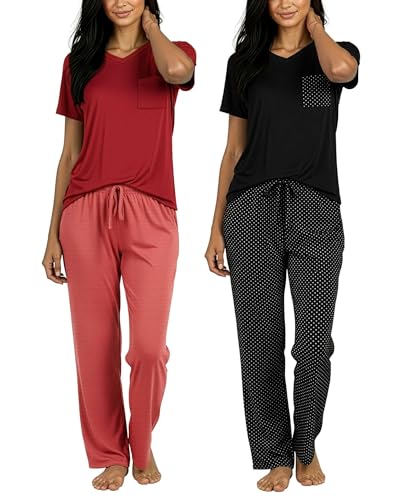 Real Essentials Women’s Pajama Set - Short Sleeve with Pocket or Long Sleeve without Pocket