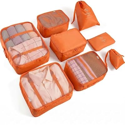 LANSKLBD 6/8 Set Packing Cubes for Suitcases Travel Luggage Packing Organizers,Travel Accessories Essentials Luggage Organizer with Shoe/Tioletry/Laundry Bag (Orange, 8 set)