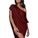 PANBOB Robe Femmes Été Sexy Hors Épaule Robes Courtes Femmes Manches Courtes Ample Simplicité Couleur Unie Casual Robe Femmes Chic Conception Irrégulière Robes Femmes B-Wine Red L