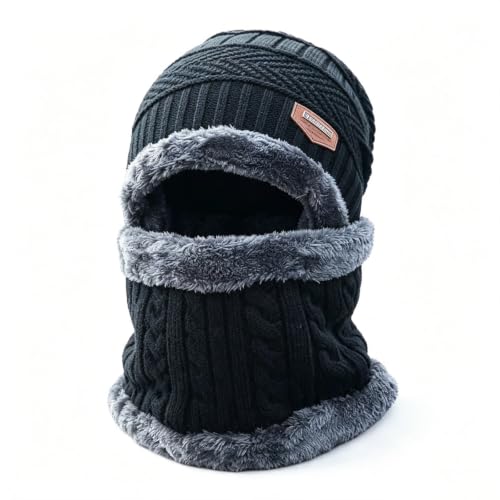 Tekuzlo Fleece Lined Knit Beanie Hat & Neck Gaiter 2 Piece Winter Set Black