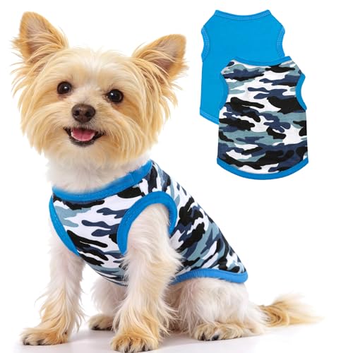 2 Pack Dog Shirts for Small Dogs Girl Boy Camouflage Puppy Clothes Pet T Shirts Dog Clothes for Small Dogs Cats Apparel (Blue Camouflage + Solid Color, XXS)