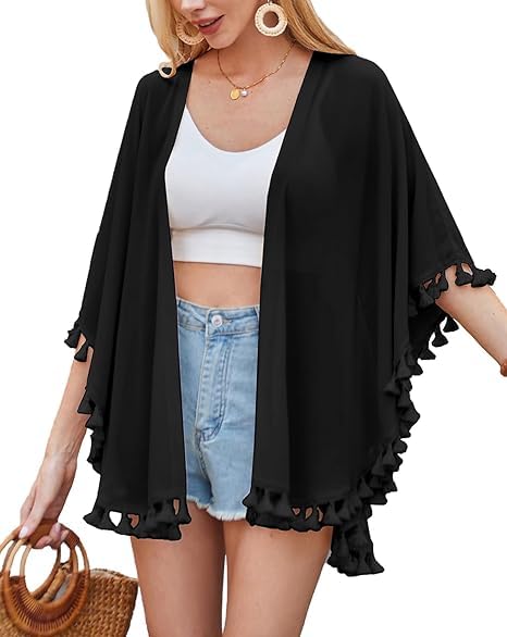Kate Kasin Kimono para mujer, traje de baño, cubierta de verano, gasa, cárdigan bohemio, vestido de playa, cárdigan bikini, con borlas