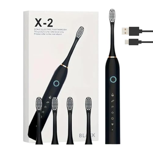 LITTLE CLASSIC X-2 USB Rechargeable Elecrtic Toothbrush with 6 Modes, Smart Timer Plus Free 4 Interchangeable Heads + Adult Toothbrush (Box Set)- (Obsidian Black)