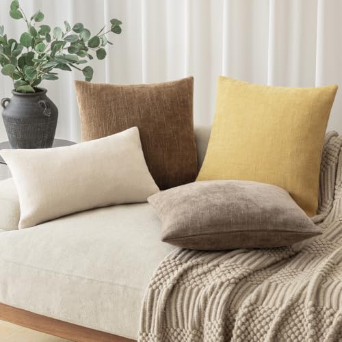 Image of Foindtower Pack of 2 Soft Textured Chenille Throw Decorative Pillow Covers Lumbar Accent Solid Cushion Cover Cozy Neutral Farmhouse Pillow Case for Couch Sofa Bed Living Room 12x24 Inch,Light Yellow