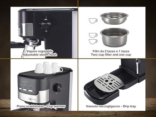 BEPER P101CAF100 Machine à café expresso Duetta, 1100W, Convient aux dosettes et au café en poudre, Machine avec bras à double sortie, 15 bars, Chauffe-tasses, tasse à mesurer et presseur inclus, Noir - Image 4