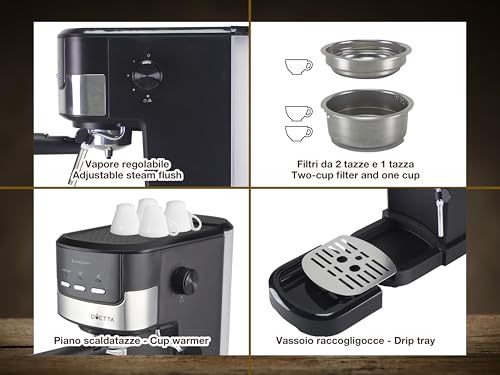 beper P101CAF100 Macchina caffè espresso Duetta, 1100W, Adatto a cialde e caffè in polvere, Macchinetta caffè con braccio a doppia uscita, 15bar, Piano scalda tazze, misurino e pressino inclusi, Nero - Immagine 3