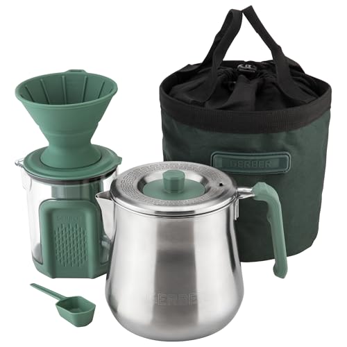 Gerber Gear ComplEAT Coffee Set - Packable Outdoor Camp Kettle & Pour Over Coffee Kit with 2 Qt Stainless Steel Kettle, 24 oz Tritan Carafe & Silicone Pour Over