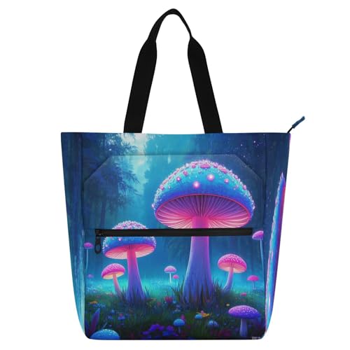 Amooorous Bolsas decorativas para niños, mujeres y hombres, rosa neón, morado, hongos frescos, bolso de hombro grande con cremallera para la escuela, compras, comestibles, arco iris para libros