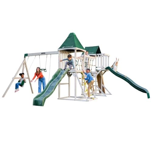 KidKraft Titan Cliffs Wooden Outdoor Swing Set/Playset with Slides, Ninja Rope Bridge and 3 Swings