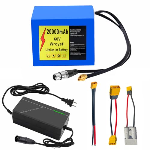 Wroyeti 60V 20Ah Electric Bike Lithium Ion Battery 60Volt Battery 20Ah, XT60 Extension Cord, XT90 Connector, Anderson Connector for 200-2000W Motor