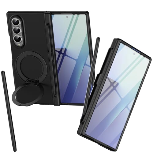 Mag-Safe Magnetic for Samsung Z Fold4 Case, Foldable Rotating Stand, Front Screen Protector, Cover for Samsung Galaxy Z Fold4 with a Stylus Pen-Black