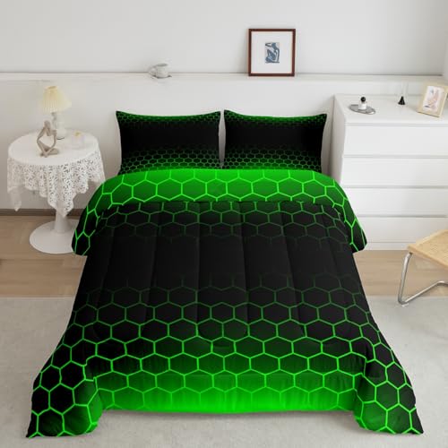 Image of Feelyou Green Black Ombre Honeycomb Comforter King Size for Boys Girls, Geometrics Hexagon Comforter Set Abstract Green and Black Bedding Set Hexagonal Duvet Set Microfiber Bed Set