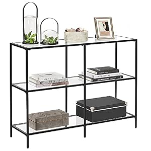 VASAGLE Konsolentisch, Regal, 3 Ablagen aus Hartglas, Flurtisch, 30 x 100 x 73 cm, Metallrahmen, modern, für Flur, Wohnzimmer, Schlafzimmer, klassikschwarz-transparent LGT027B01