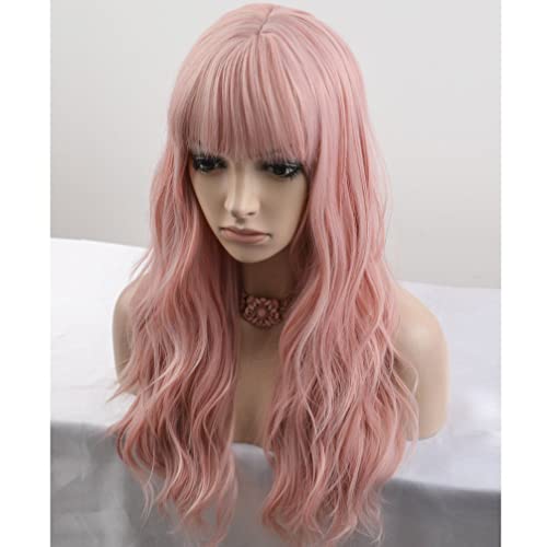 Beron 23 Inches Pink Wig Long Curly Wig With Bangs Synthetic Wig Women Girls Lovely Pink Wigs With Wig Cap #TOP2