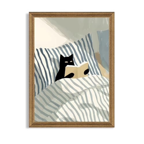 Fantasy Artists Black Cat Reading in Bed Wall Art, Quiet