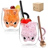 VZZNN 2 Stk Katzentasse Doppelwandige Gläser mit Löffel geschenk für katzenliebhaber Mama Papa Lehrer Freundin Geschenkidee Geschenk zum Muttertag Vatertag Valentinstag Ostern Halloween Weihnachten