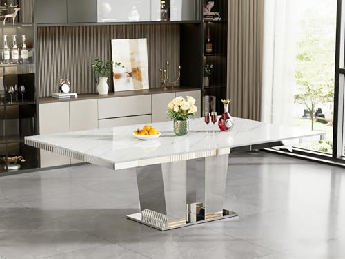 Image of 94.5 inch Rectangular Dining Table for 6 8 10, Modern White Extendable Kitchen Table, Large Long Dining Room Table with Mirrored Pedestal for Dining Kitchen Living Room