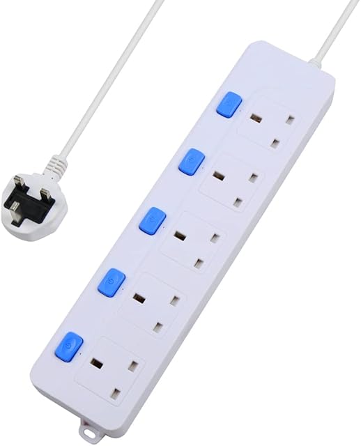 Pixezo Extension Lead | Surge Protected Extension Lead with 5 Individual AC Outlets Wall Mountable Extension Cable | Extension Lead 3M Long